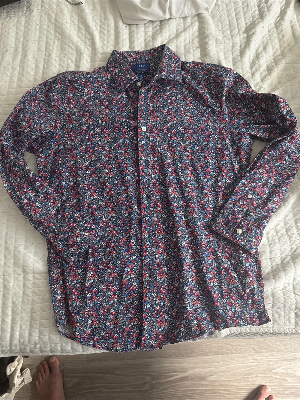 Apt. 9 Navy Button-Down Shirt with Pink & White Floral Pattern